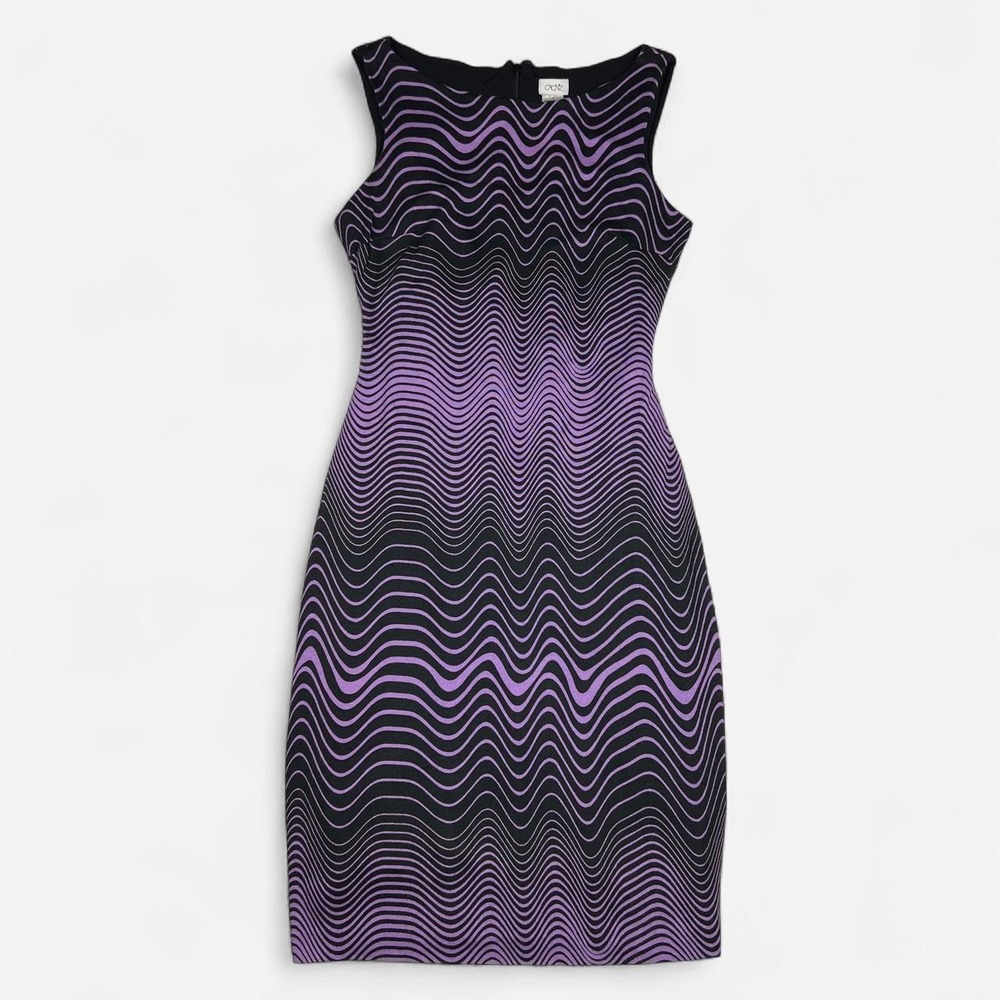 Y2K Cache Vintage Purple Striped Swirl Bodycon Sleeveless Midi Dress